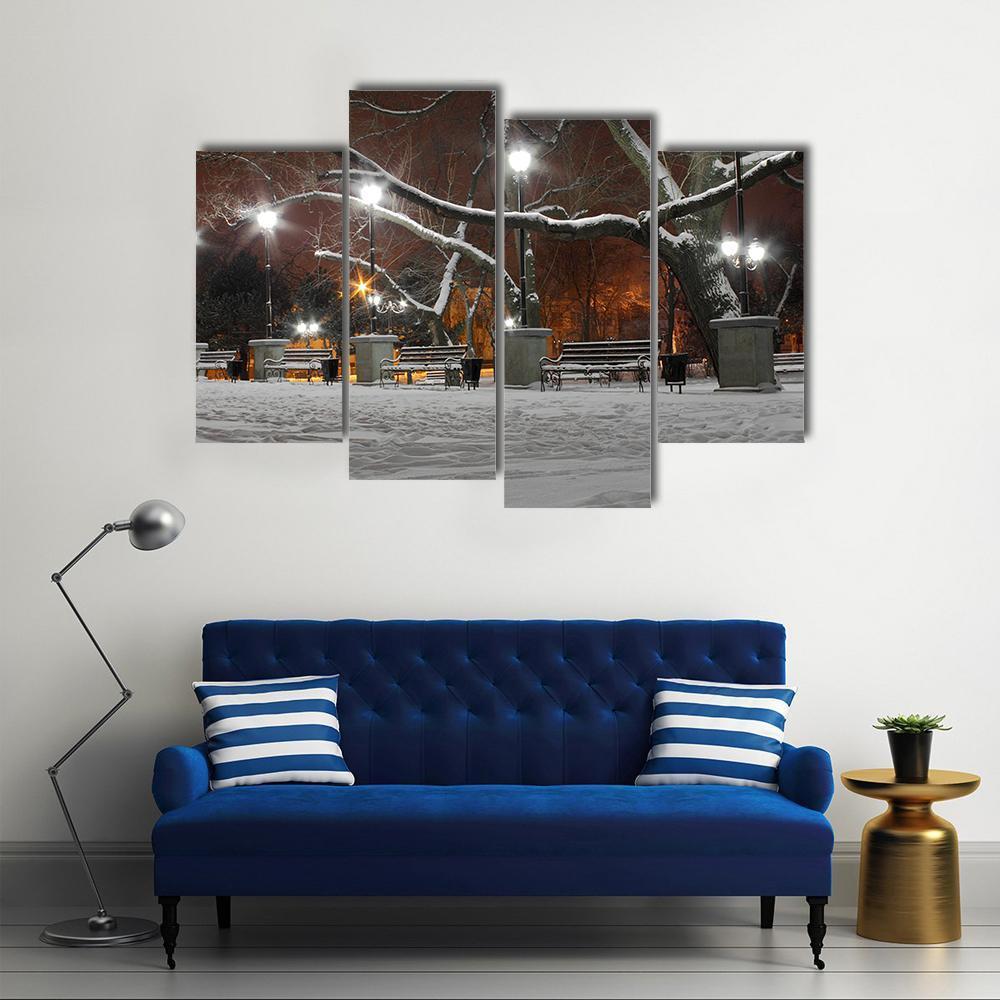 Street Lanterns In Park At Winter Night Canvas Wall Art-4 Pop-Gallery Wrap-50" x 32"-Tiaracle