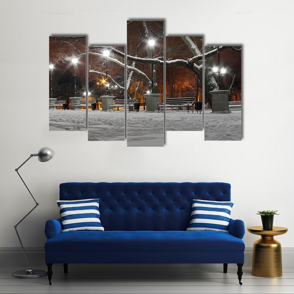 Street Lanterns In Park At Winter Night Canvas Wall Art-5 Pop-Gallery Wrap-47" x 32"-Tiaracle
