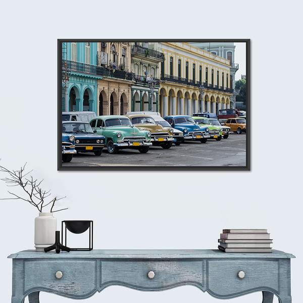 Street Scene With Vintage Car In Havana Canvas Wall Art-1 Piece-Floating Frame-24" x 16"-Tiaracle