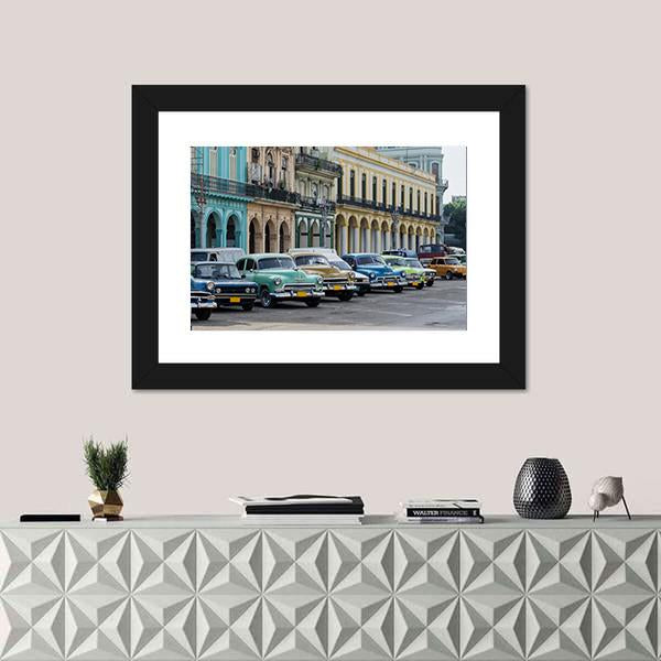 Street Scene With Vintage Car In Havana Canvas Wall Art-1 Piece-Framed Print-20" x 16"-Tiaracle
