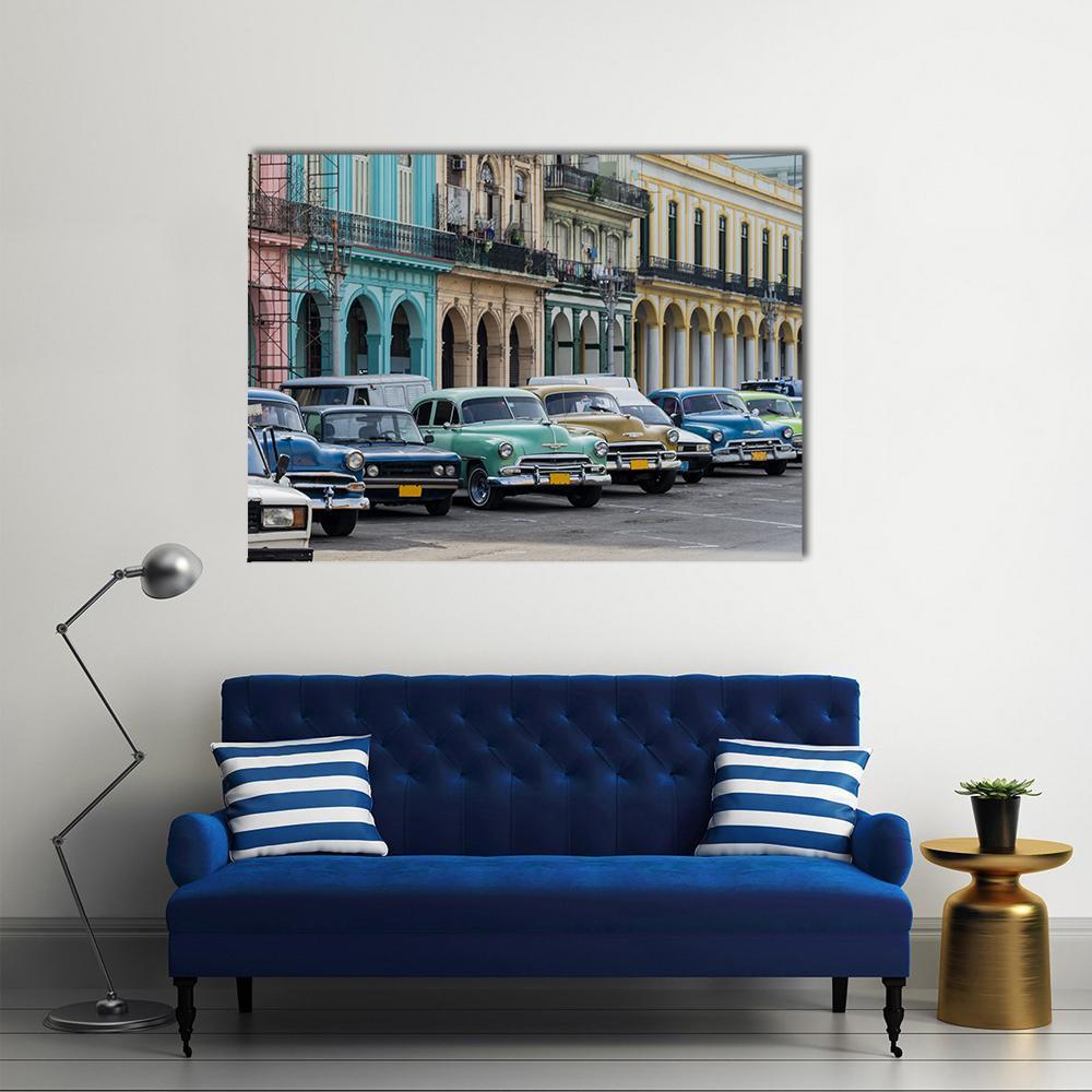 Street Scene With Vintage Car In Havana Canvas Wall Art-1 Piece-Gallery Wrap-48&quot; x 32&quot;-Tiaracle