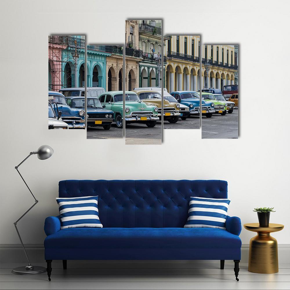 Street Scene With Vintage Car In Havana Canvas Wall Art-5 Pop-Gallery Wrap-47&quot; x 32&quot;-Tiaracle
