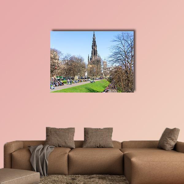 Edinburgh Old Town Street View Canvas Wall Art in brown, green and blue, single panel hung on a wall
