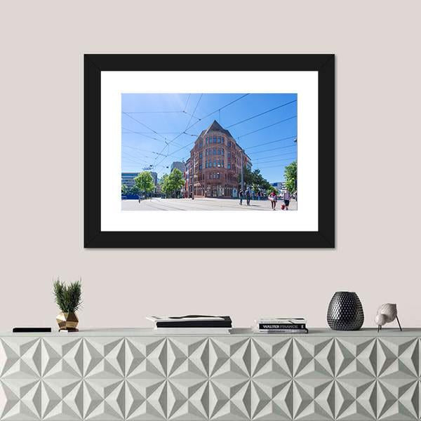 Street View Of Saarbrucken Canvas Wall Art-1 Piece-Framed Print-20" x 16"-Tiaracle