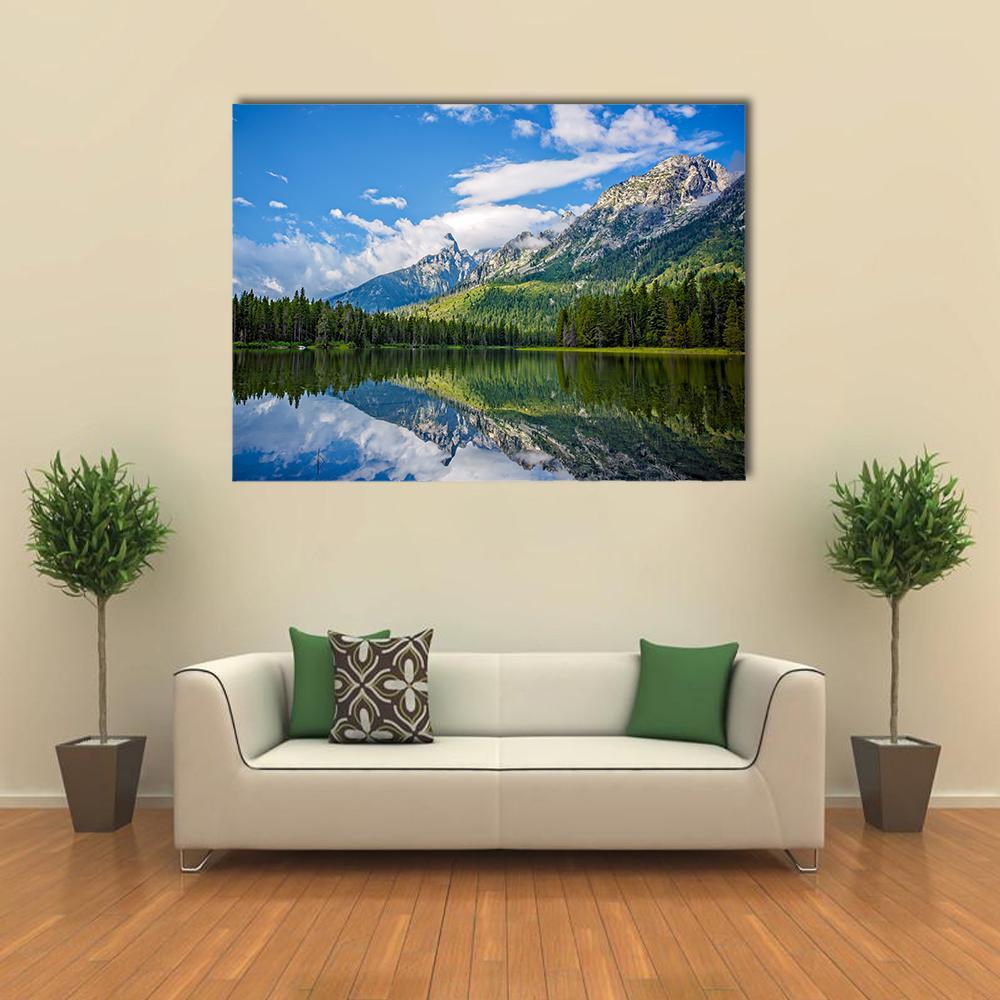String Lake Mountain Landscape Canvas Wall Art in white, green and blue, single panel hung on a wall