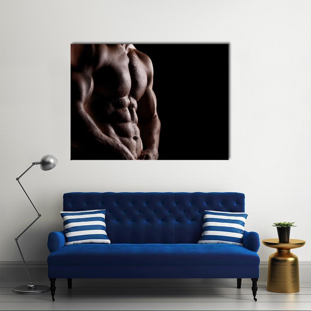 Powerful Male Torso with Defined Musculature Canvas Wall Art in black and brown, single panel hung on a wall