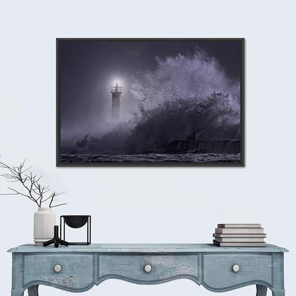 Strong Sea Waves Hitting Light House Canvas Wall Art-1 Piece-Floating Frame-24" x 16"-Tiaracle