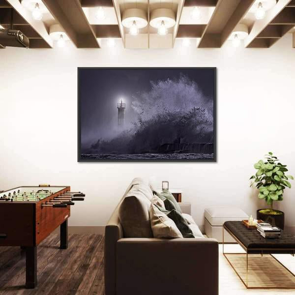Strong Sea Waves Hitting Light House Canvas Wall Art-3 Horizontal-Gallery Wrap-25" x 16"-Tiaracle