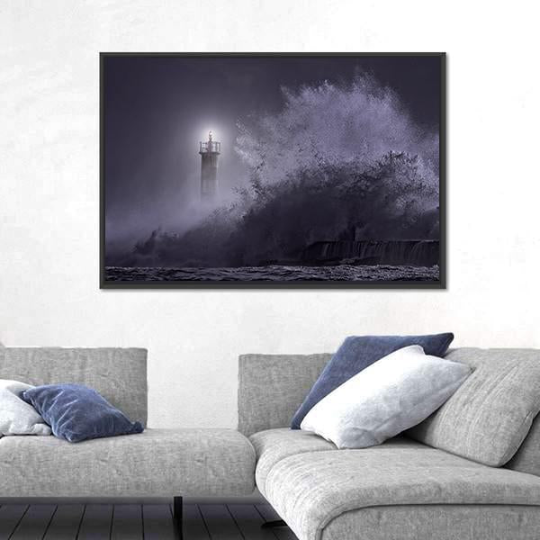 Strong Sea Waves Hitting Light House Canvas Wall Art-3 Horizontal-Gallery Wrap-25" x 16"-Tiaracle
