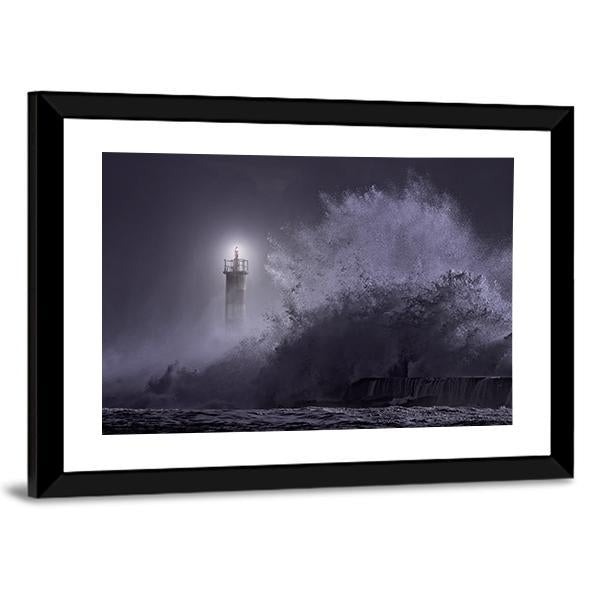 Strong Sea Waves Hitting Light House Canvas Wall Art-3 Horizontal-Gallery Wrap-25" x 16"-Tiaracle