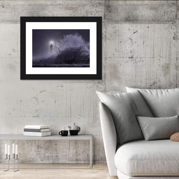 Strong Sea Waves Hitting Light House Canvas Wall Art-3 Horizontal-Gallery Wrap-25" x 16"-Tiaracle