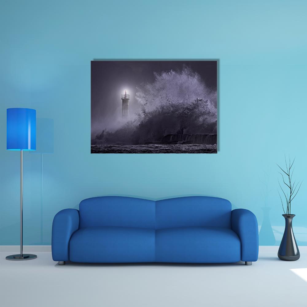Strong Sea Waves Hitting Light House Canvas Wall Art-1 Piece-Gallery Wrap-48" x 32"-Tiaracle