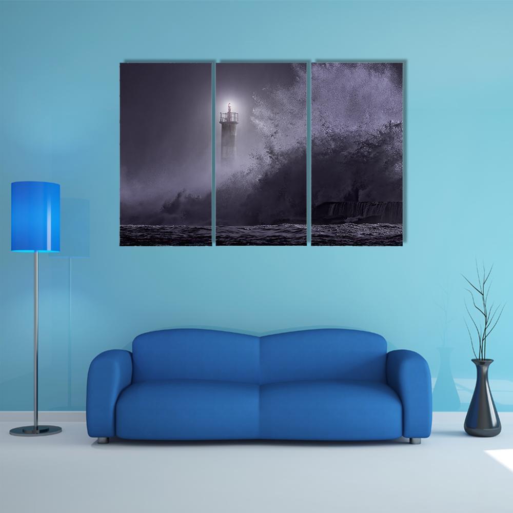 Strong Sea Waves Hitting Light House Canvas Wall Art-3 Horizontal-Gallery Wrap-37" x 24"-Tiaracle