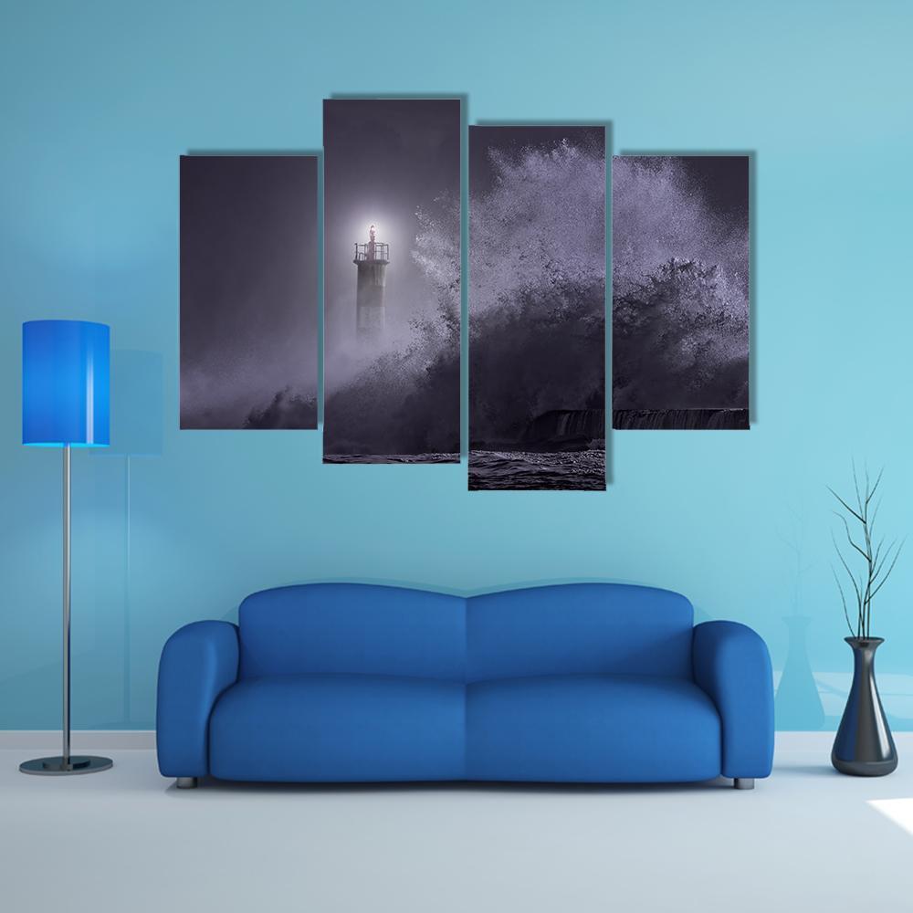 Strong Sea Waves Hitting Light House Canvas Wall Art-4 Pop-Gallery Wrap-50" x 32"-Tiaracle