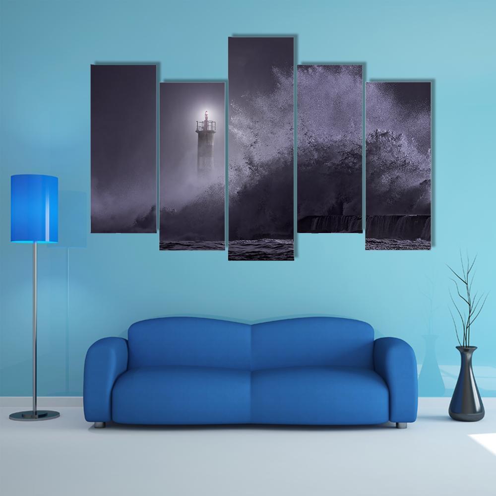 Strong Sea Waves Hitting Light House Canvas Wall Art-5 Pop-Gallery Wrap-47" x 32"-Tiaracle