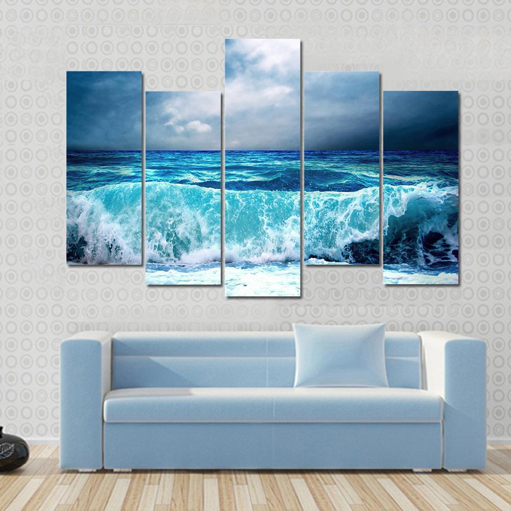 Strong Storm Seascape Canvas Wall Art-5 Pop-Gallery Wrap-47" x 32"-Tiaracle