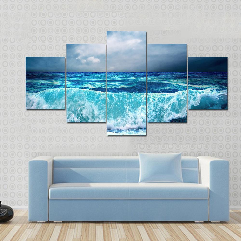 Strong Storm Seascape Canvas Wall Art-5 Star-Gallery Wrap-62&quot; x 32&quot;-Tiaracle