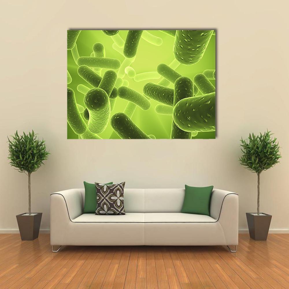 Structure of Bacteria Canvas Wall Art in yellow and green, single panel hung on a wall