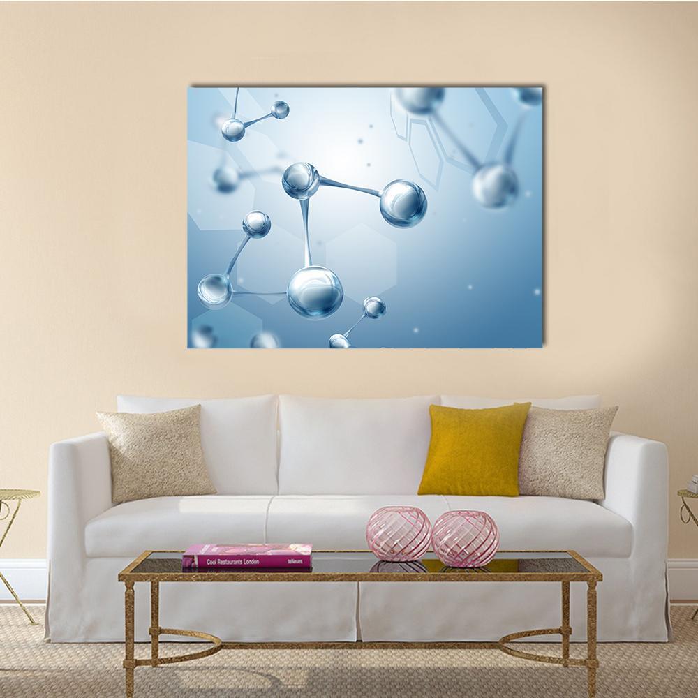 Molecular Structure with Glowing Hex Grid Canvas Wall Art in white and blue, single panel hung on a wall