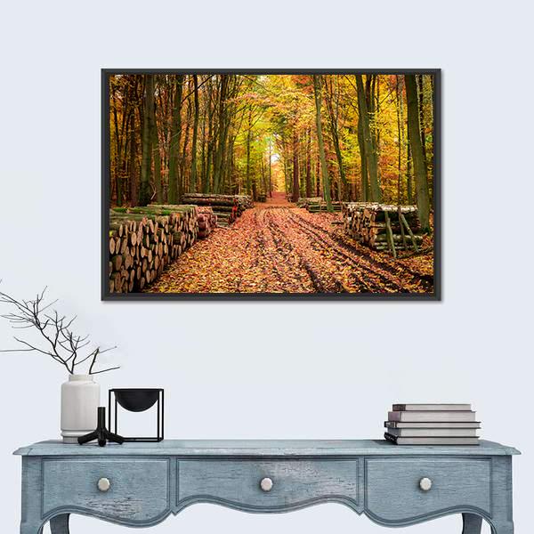 Stumped Tree In An Autumn Forest Canvas Wall Art-1 Piece-Floating Frame-24" x 16"-Tiaracle