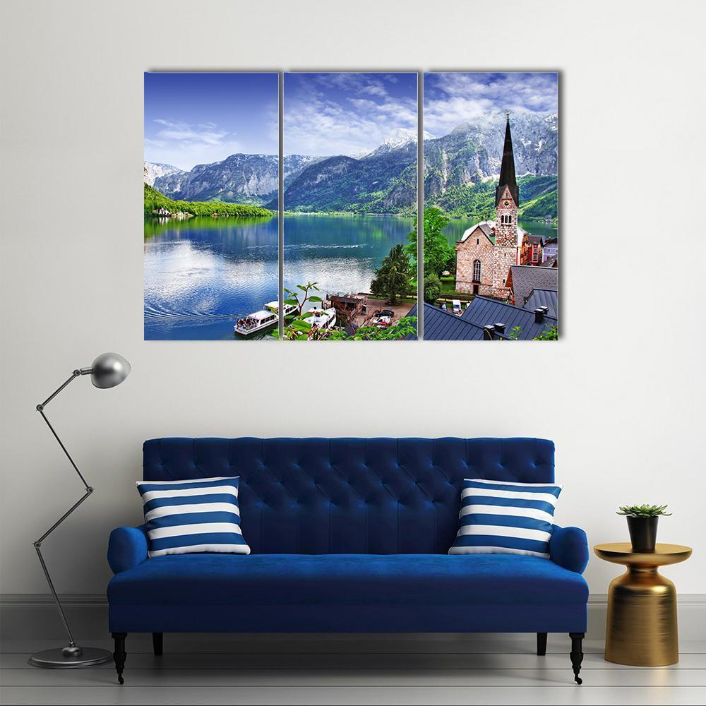 Stunning Alpen Scenery Of Hallstatt Canvas Wall Art-3 Horizontal-Gallery Wrap-37" x 24"-Tiaracle
