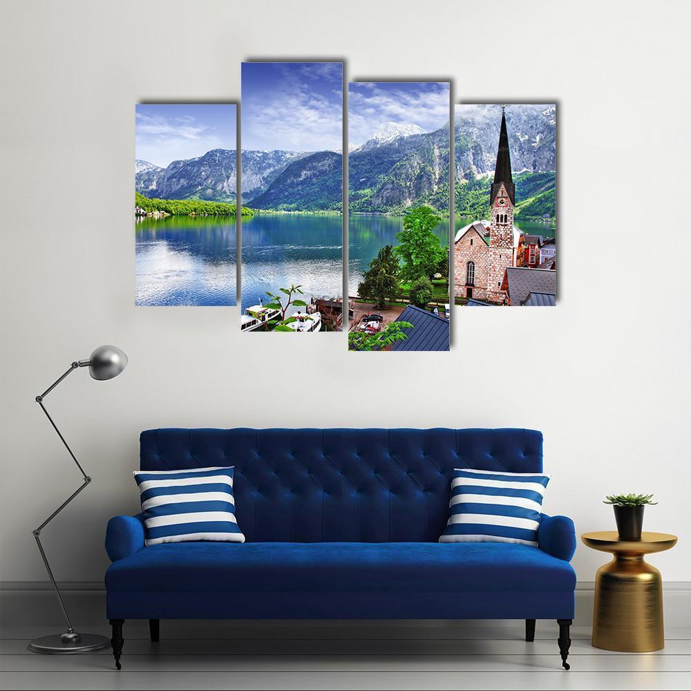 Stunning Alpen Scenery Of Hallstatt Canvas Wall Art-4 Pop-Gallery Wrap-50" x 32"-Tiaracle