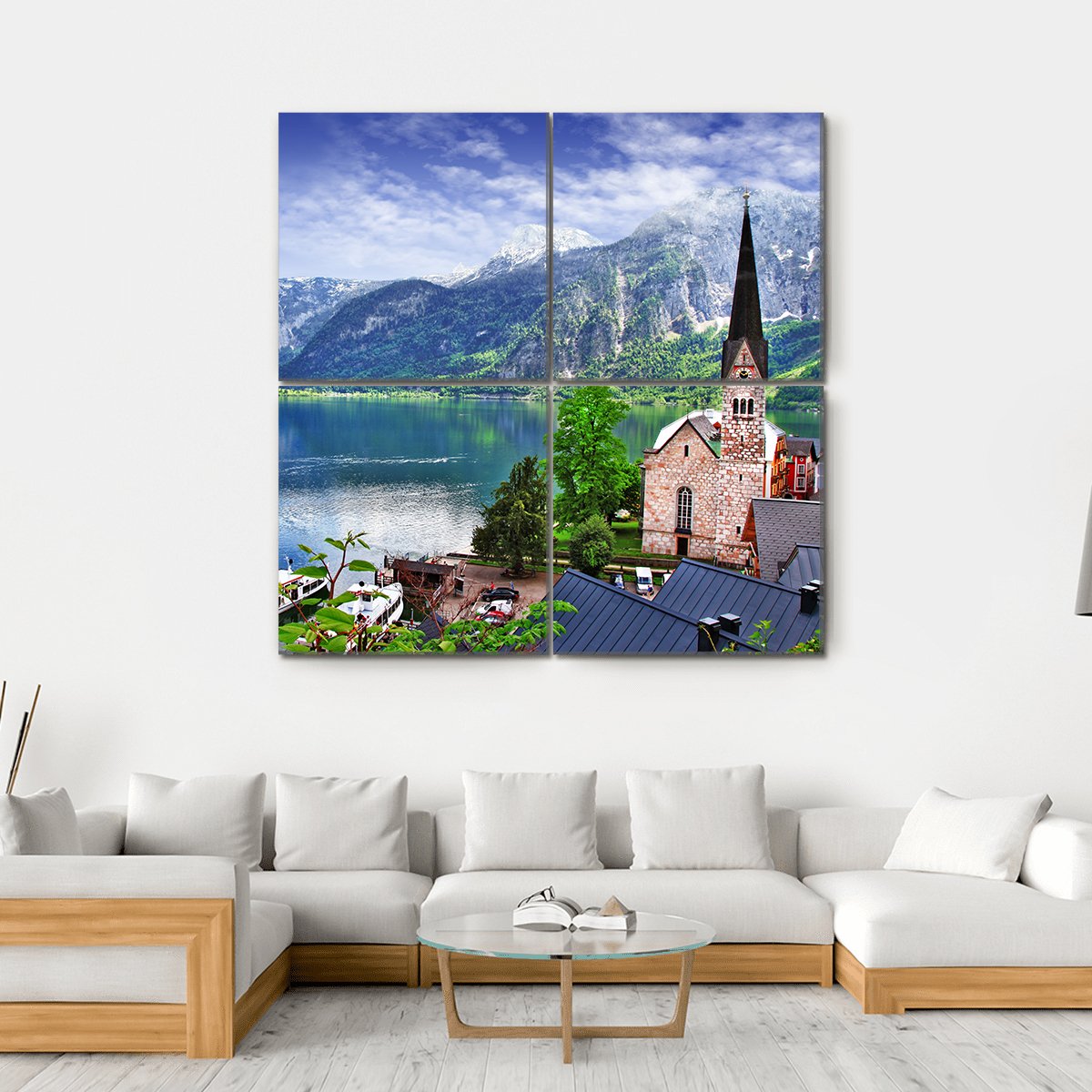 Stunning Alpen Scenery Of Hallstatt Canvas Wall Art-4 Square-Gallery Wrap-17" x 17"-Tiaracle