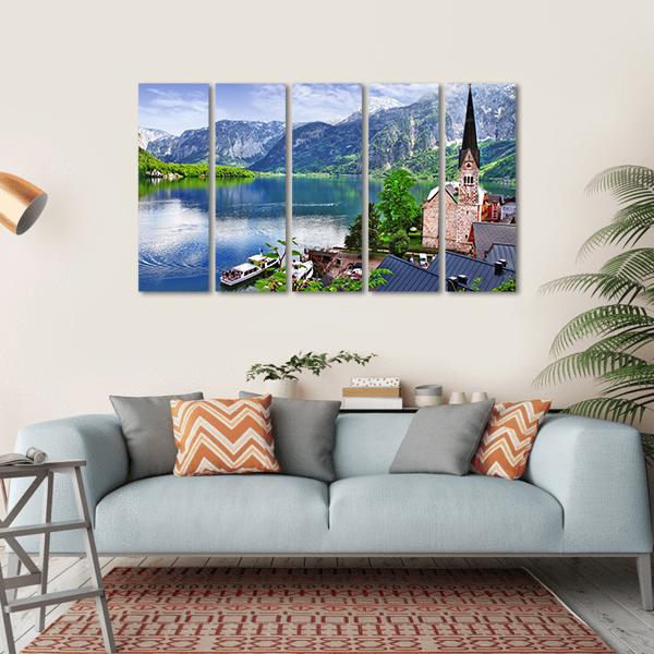 Stunning Alpen Scenery Of Hallstatt Canvas Wall Art-5 Horizontal-Gallery Wrap-22" x 12"-Tiaracle