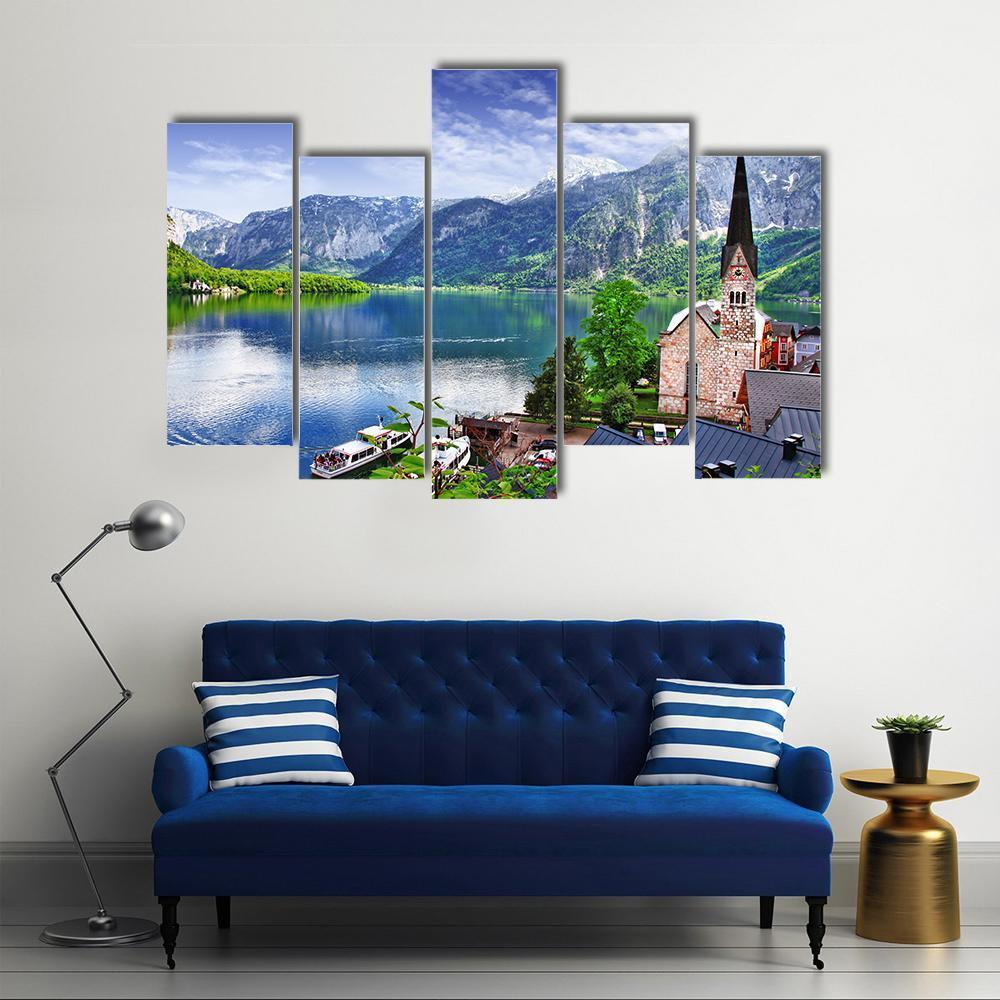 Stunning Alpen Scenery Of Hallstatt Canvas Wall Art-5 Pop-Gallery Wrap-47" x 32"-Tiaracle