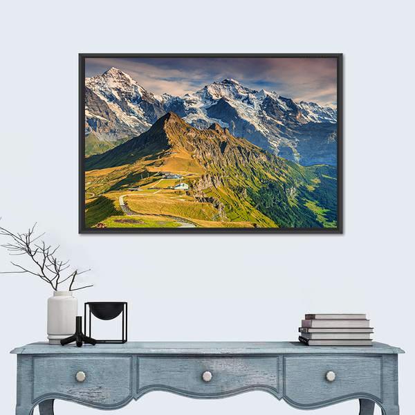 Stunning Alpine Panorama In Switzerland Canvas Wall Art-1 Piece-Floating Frame-24" x 16"-Tiaracle