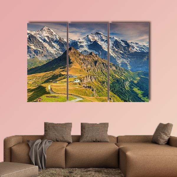 Stunning Alpine Panorama In Switzerland Canvas Wall Art-3 Horizontal-Gallery Wrap-37" x 24"-Tiaracle