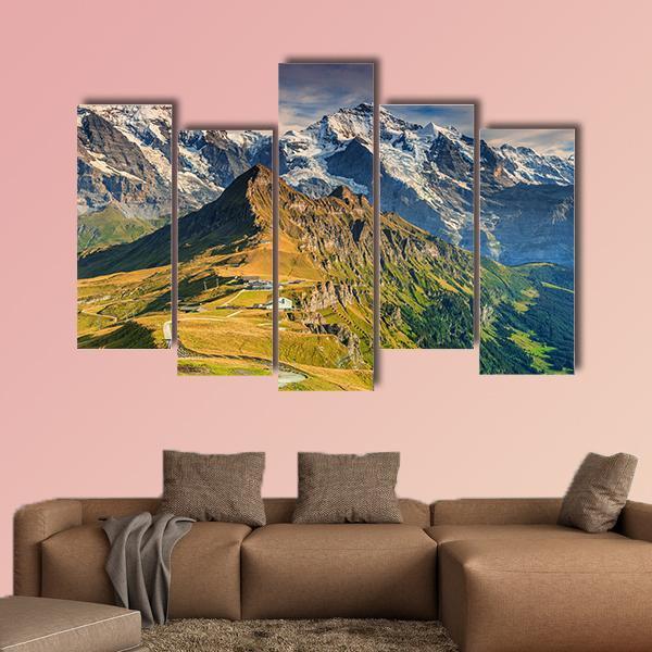 Stunning Alpine Panorama In Switzerland Canvas Wall Art-5 Pop-Gallery Wrap-47" x 32"-Tiaracle