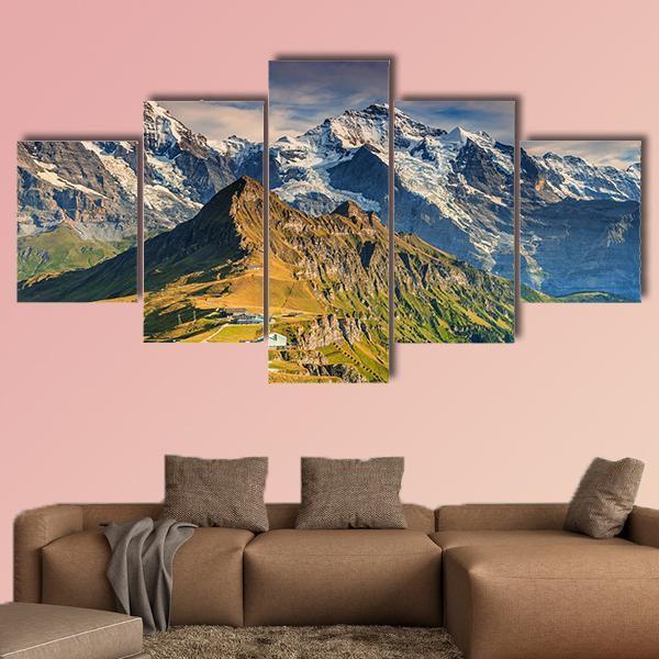 Stunning Alpine Panorama In Switzerland Canvas Wall Art-5 Pop-Gallery Wrap-47" x 32"-Tiaracle