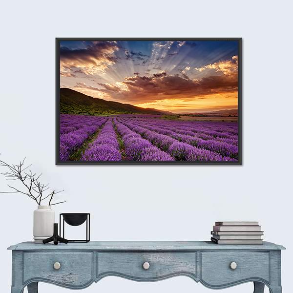 Sunset Over Lavender Field and Mountains Canvas Wall Art in orange, yellow and purple, framed canvas, product view on a white background