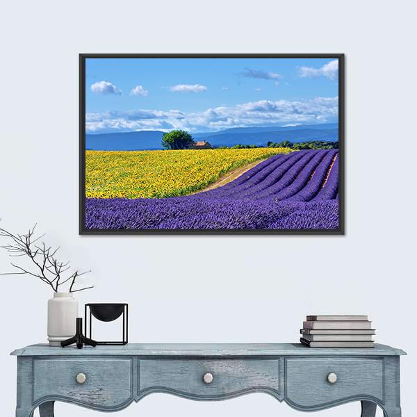 Lavender and Sunflower Countryside Landscape Canvas Wall Art in yellow, blue and purple, framed canvas, product view on a white background