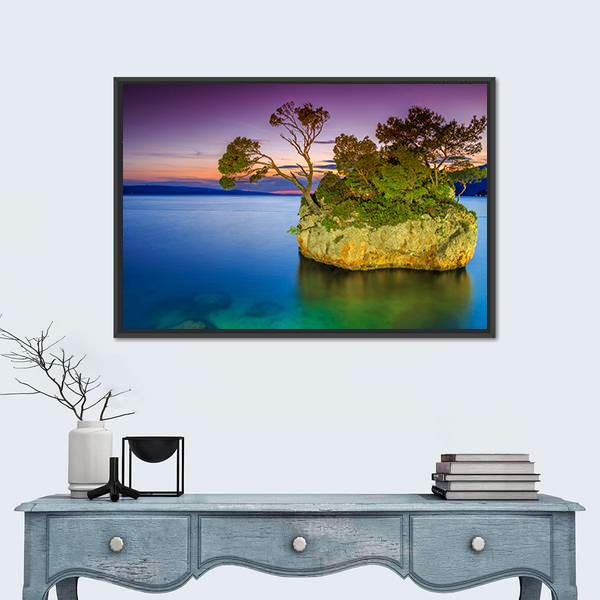 Stunning Sunset Landscape With Rocky Island Canvas Wall Art-1 Piece-Floating Frame-24" x 16"-Tiaracle