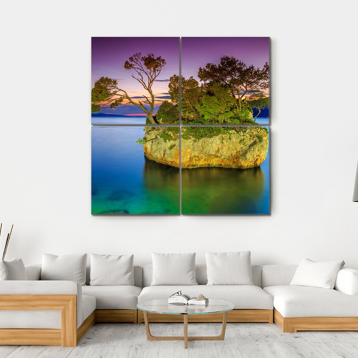 Stunning Sunset Landscape With Rocky Island Canvas Wall Art-4 Square-Gallery Wrap-17" x 17"-Tiaracle