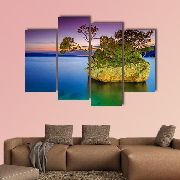 Stunning Sunset Landscape With Rocky Island Canvas Wall Art-4 Pop-Gallery Wrap-50" x 32"-Tiaracle