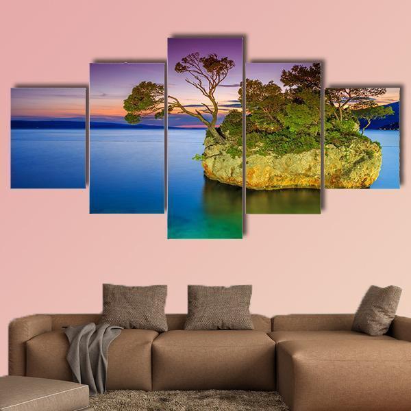 Stunning Sunset Landscape With Rocky Island Canvas Wall Art-5 Star-Gallery Wrap-62" x 32"-Tiaracle
