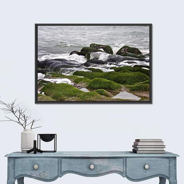 Green Rocks At Beach Canvas Wall Art-1 Piece-Floating Frame-24" x 16"-Tiaracle