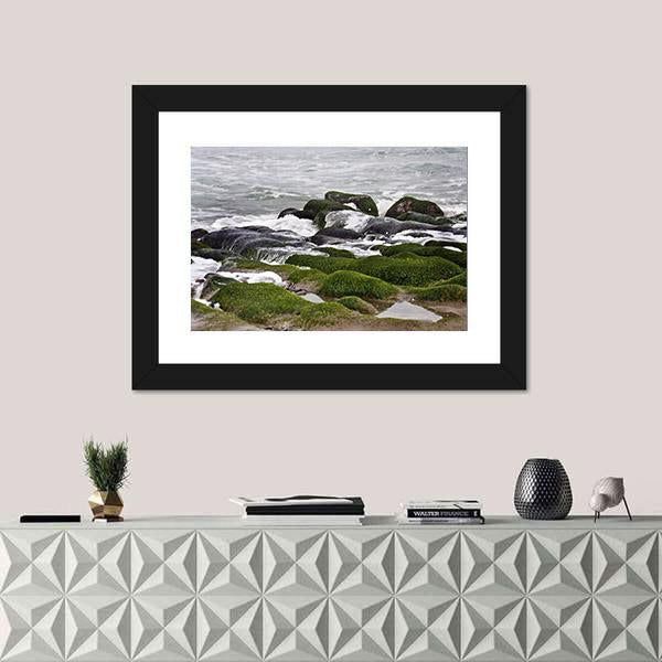 Green Rocks At Beach Canvas Wall Art-1 Piece-Framed Print-20" x 16"-Tiaracle