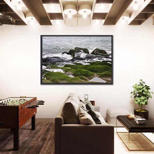 Green Rocks At Beach Canvas Wall Art-3 Horizontal-Gallery Wrap-25" x 16"-Tiaracle