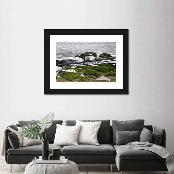 Green Rocks At Beach Canvas Wall Art-3 Horizontal-Gallery Wrap-25" x 16"-Tiaracle