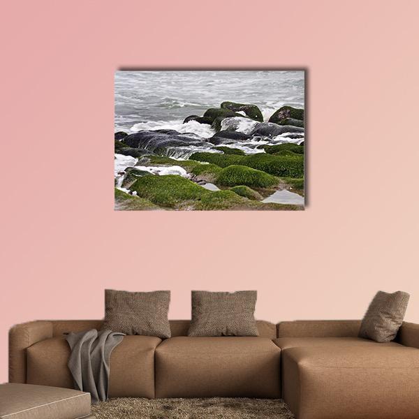 Moss-covered Rocks and Crashing Waves Canvas Wall Art in white, gray and green, single panel hung on a wall