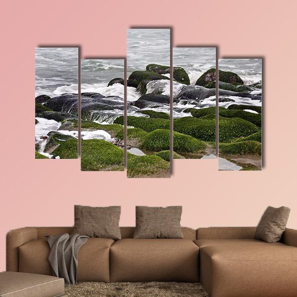 Green Rocks At Beach Canvas Wall Art-5 Pop-Gallery Wrap-47" x 32"-Tiaracle