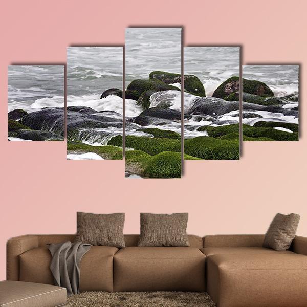 Green Rocks At Beach Canvas Wall Art-5 Star-Gallery Wrap-62" x 32"-Tiaracle