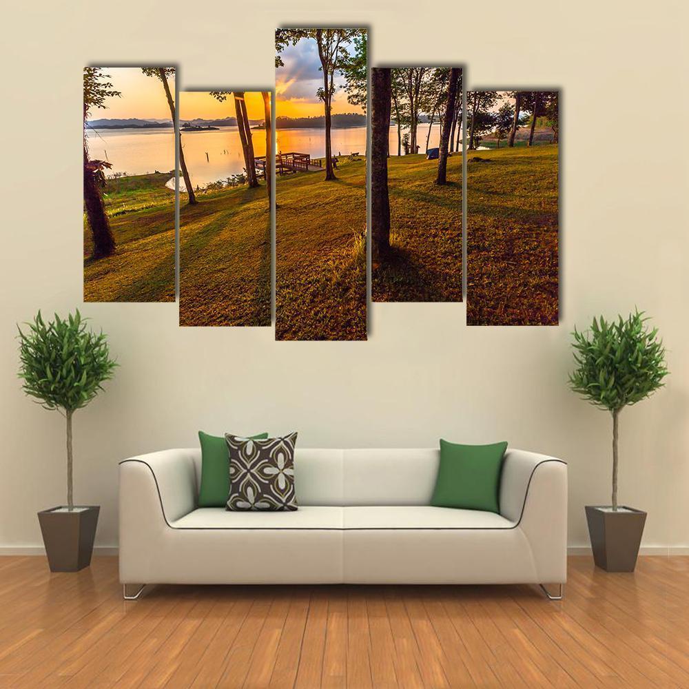 Stunning View Of The Lake In Sunset Time Canvas Wall Art-5 Pop-Gallery Wrap-47" x 32"-Tiaracle