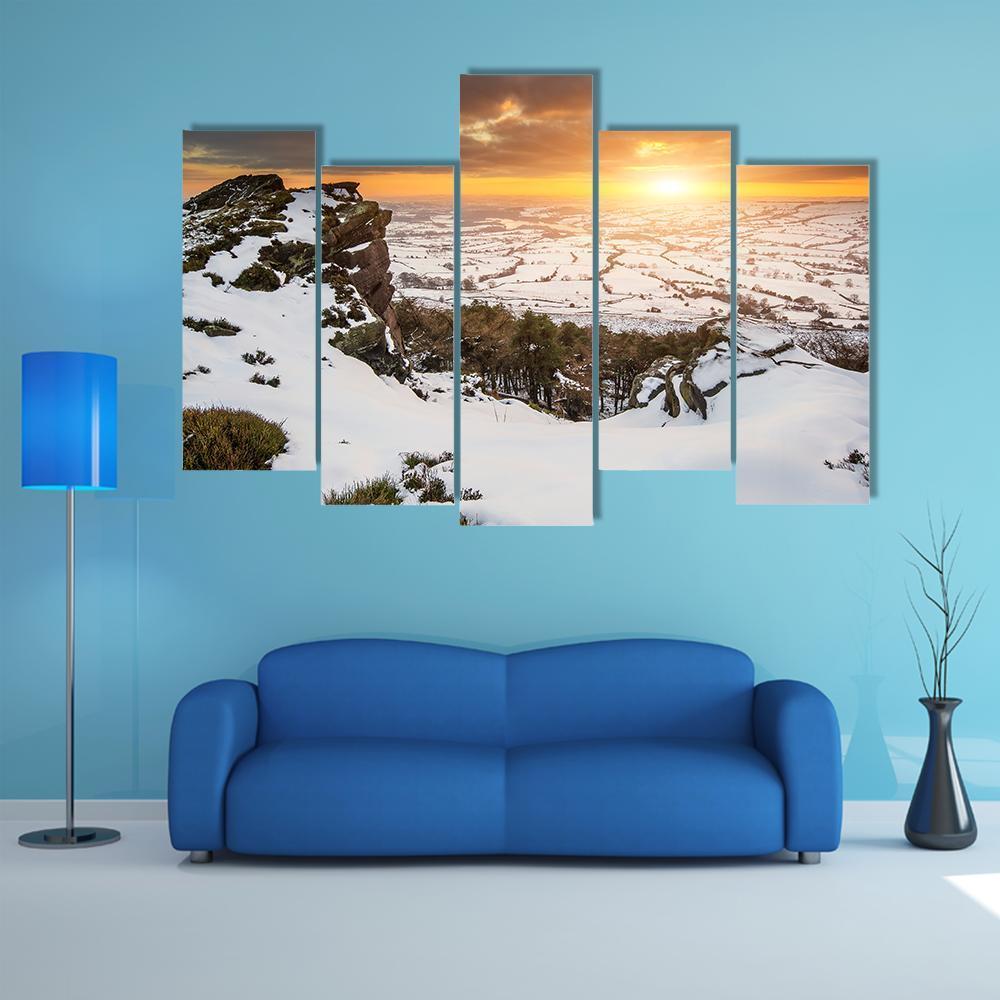 Stunning Winter Sunset Landscape Canvas Wall Art-5 Pop-Gallery Wrap-47" x 32"-Tiaracle