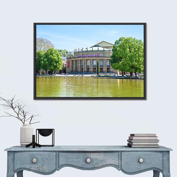 Stuttgart State Theatre Opera Building And Eckensee Lake Canvas Wall Art-1 Piece-Floating Frame-24" x 16"-Tiaracle