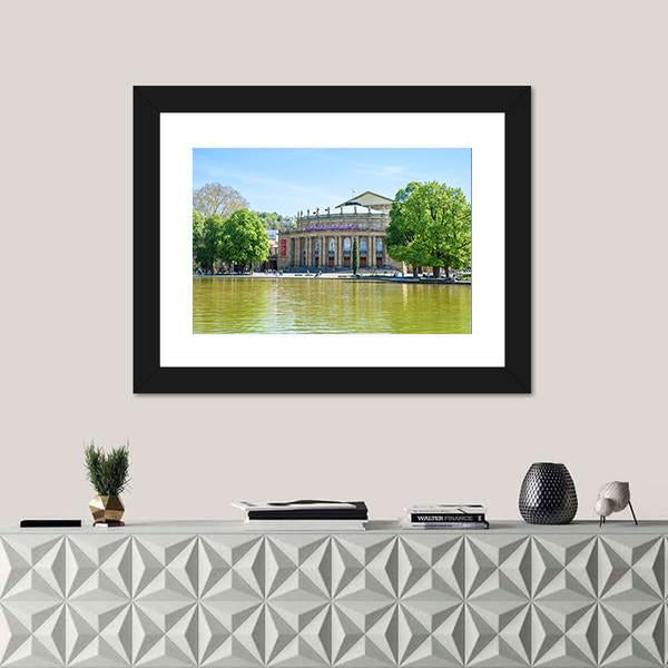 Stuttgart State Theatre Opera Building And Eckensee Lake Canvas Wall Art-1 Piece-Framed Print-20" x 16"-Tiaracle